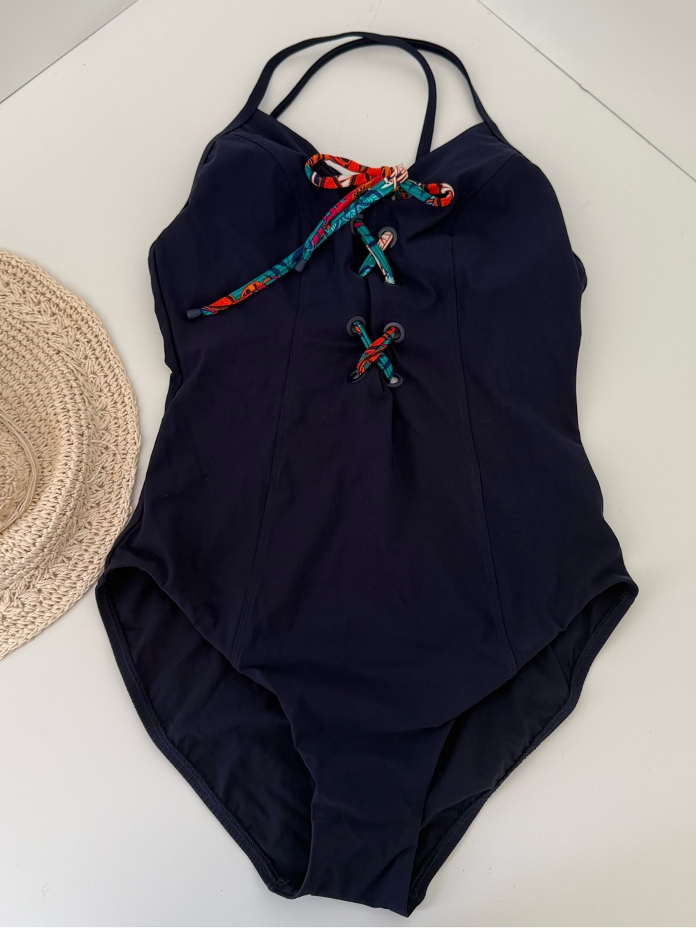 Skinny Dippers Navy Blue Lacey One Piece Swimsuit Sz L Lace Up Front Cross Back